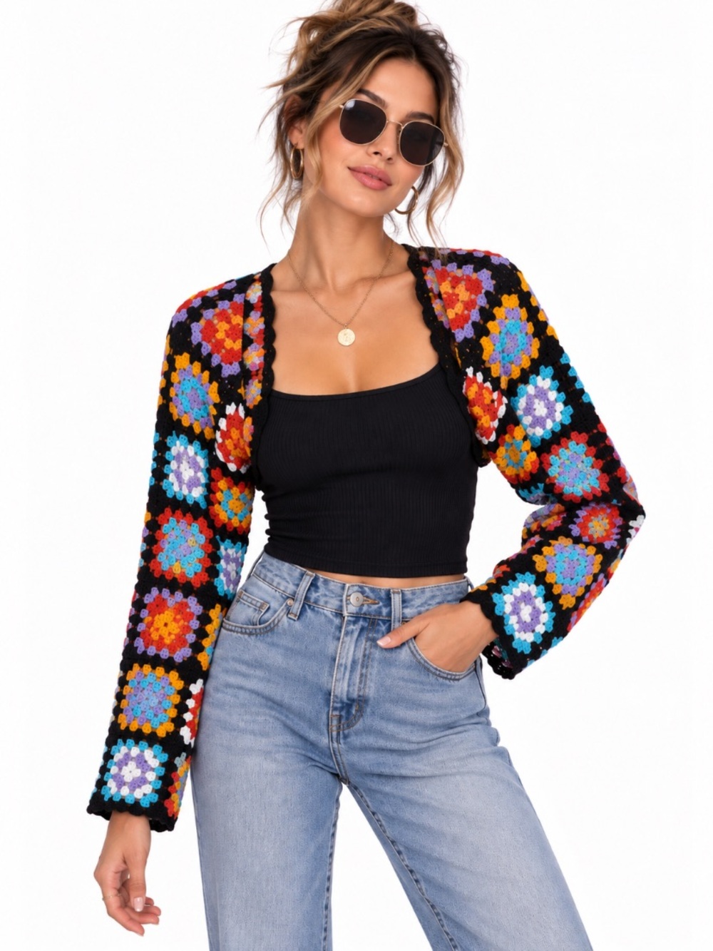 Timing NEW Multi Patterned Crochet Open Front Cropped Cardigan Sweater One Size